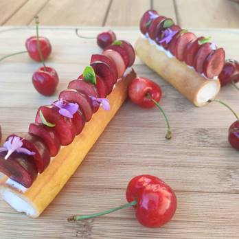Episode 13 – Hotel La Réserve – Cherry and goats milk yogurt cream pintxo (sweet Basque tapas)
